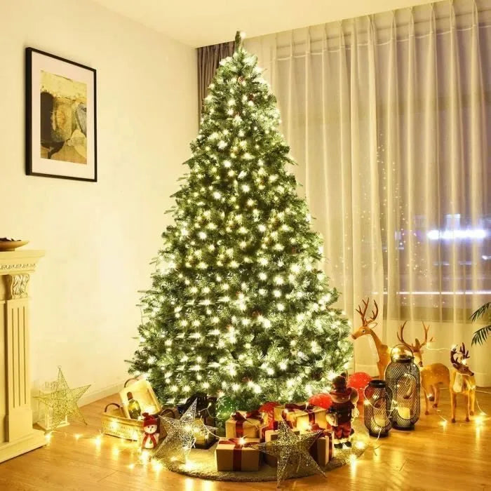 Sapin de Noël Artificiel 240CM Lumineux avec Pommes de Pin, Feuilles en PVC/PE,600 LED Blanche Chaude,Socle en Fer,Vert