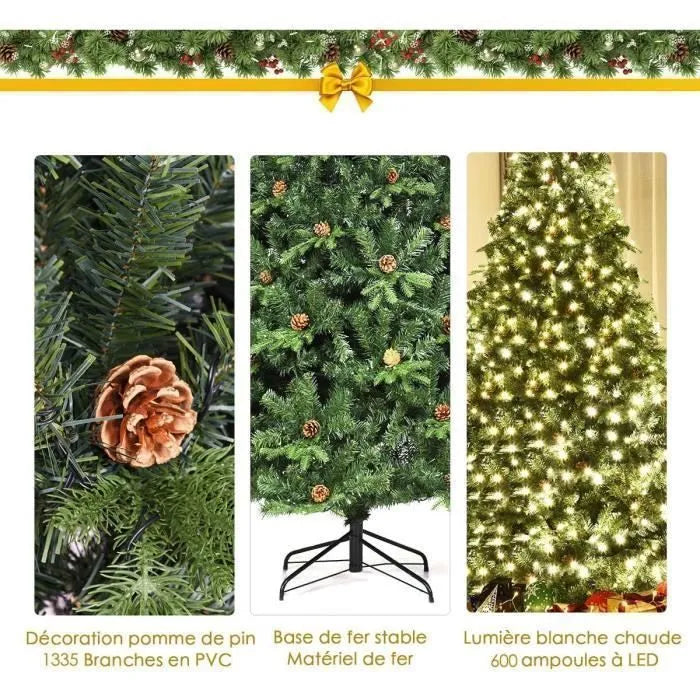 Sapin de Noël Artificiel 240CM Lumineux avec Pommes de Pin, Feuilles en PVC/PE,600 LED Blanche Chaude,Socle en Fer,Vert